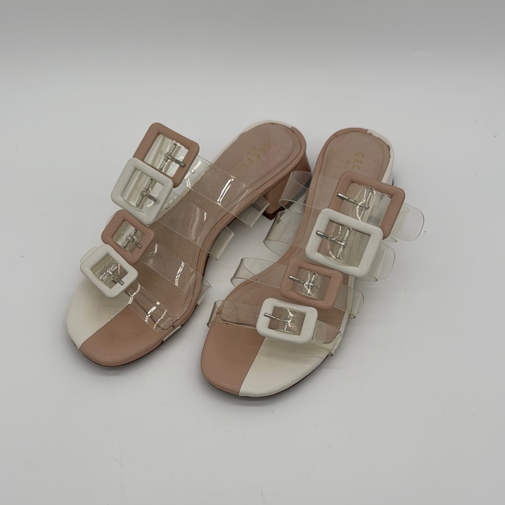 CECELIA NEW YORK Two-Tone Beige Cream Clear Buckle Slide Sandals